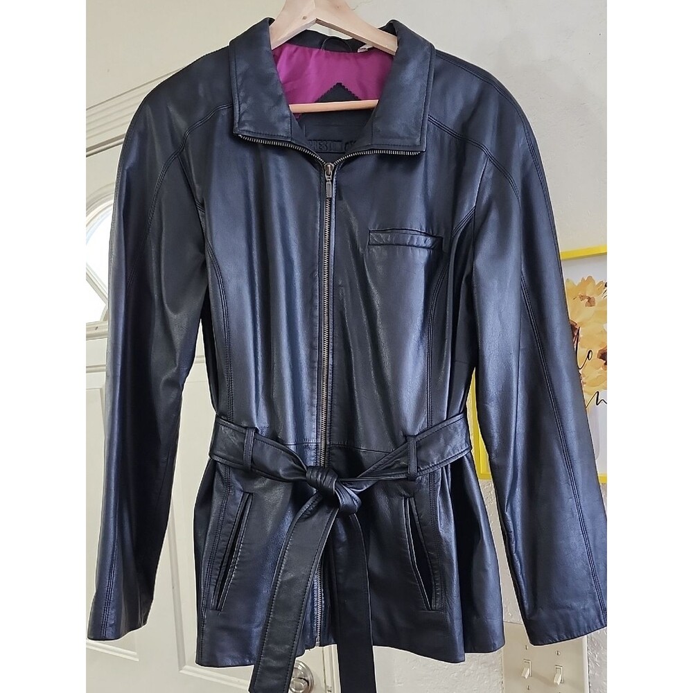Vintage Preston & York Black Lambskin Leather Belted Jacket Sz L Soft Y2K Style